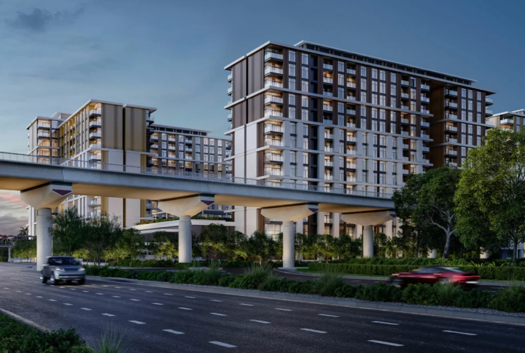 Modern Dubai apartment community near metro line featured at Dubai Property Expo Adelaide 2026.